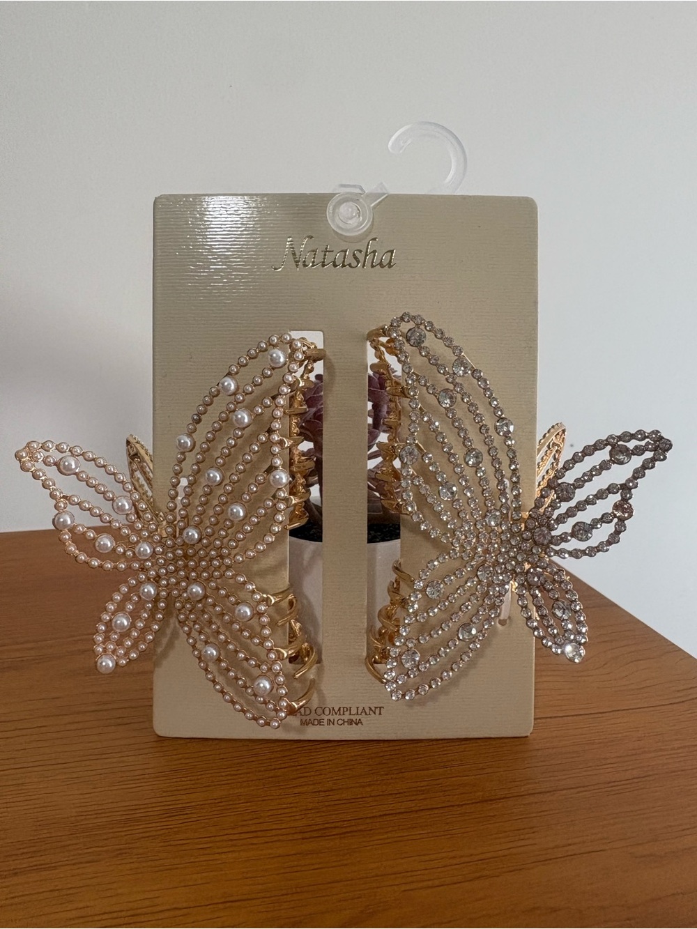 Natasha Couture Gold Butterfly Pearl & Rhinestone Hair Clips - Gold
